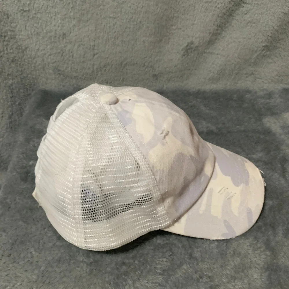 CC Girls Ponytail Trucker Hat Camo Grey White Distressed Mesh Back Messy Bun Cap